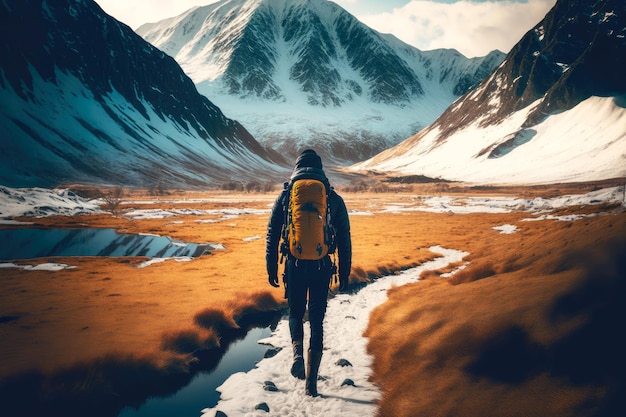 Viajero solo con mochila de viaje de senderismo camina por el valle hacia montañas nevadas