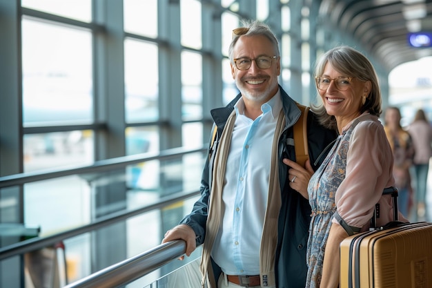 Viajero sonriente pareja de ancianos maduros en el área del aeropuerto para la llegada o salida de viaje