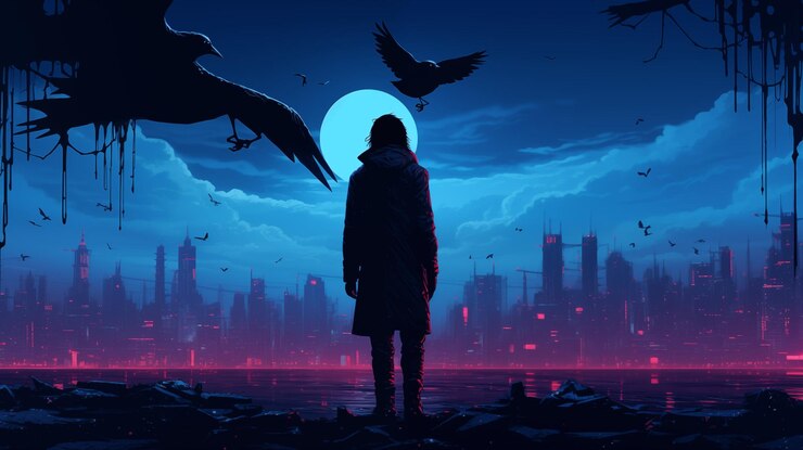 un viajero y su cuervo explorando las calles abandonadas de una ciudad por la noche generado por la IA