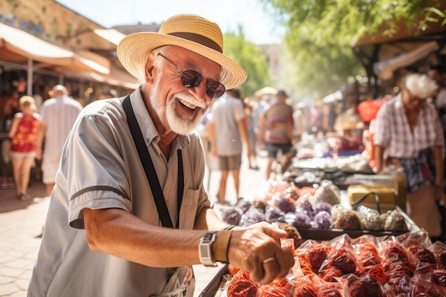 Viajero de la tercera edad comprando productos locales en un mercado turístico AI Generado