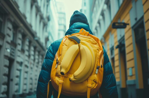 Viajero urbano con una mochila de plátano