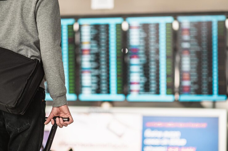 Foto los viajeros buscan en las etiquetas de los horarios de vuelos del aeropuerto para viajar a nuevos lugares. vista trasera. copie el espacio. equipaje, billete, viaje, aeropuerto, caminar, concepto de vacaciones.