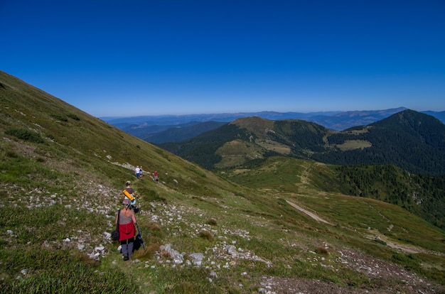 Los viajeros descienden de la montaña al bosque Actividad turística de vacaciones al aire libre