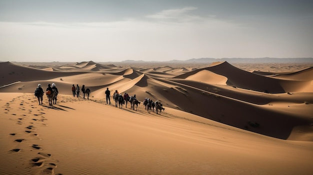 Viajeros en el desierto contra el telón de fondo de las tiendas de campaña de las dunas y la puesta del sol generada por IA