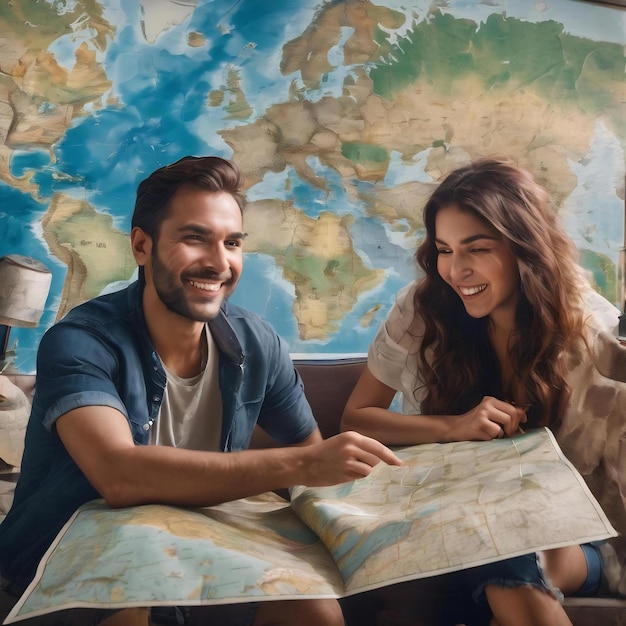 Foto viajeros felices con un mapa