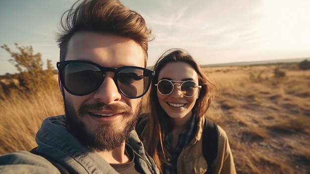 Viajeros felices sonriendo para una selfie con un paisaje de fondo Imagen generada por IA