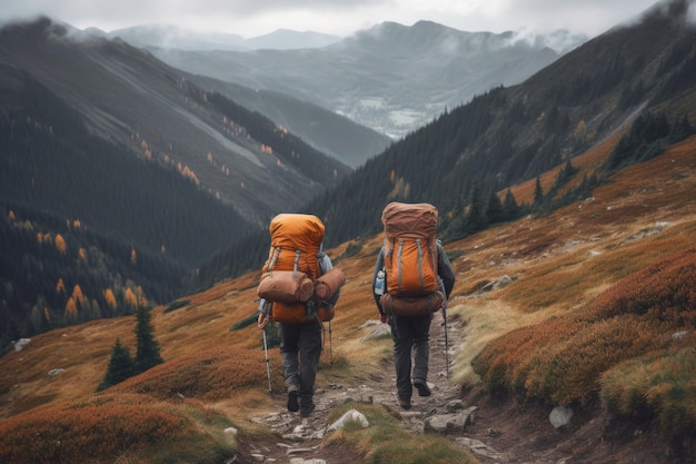 Viajeros con mochilas haciendo senderismo en las montañas IA generativa