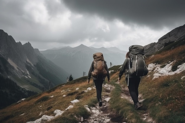 Viajeros con mochilas haciendo senderismo en las montañas IA generativa