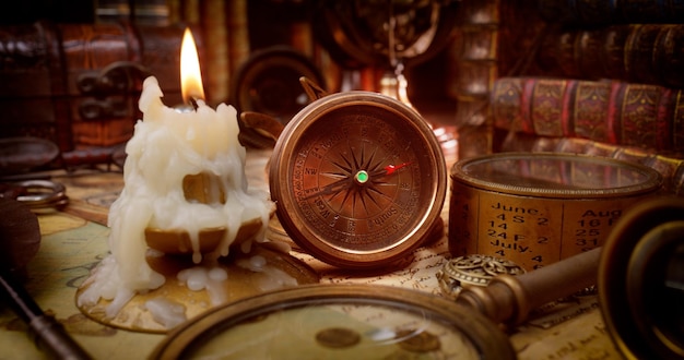 Viajes y aventuras de estilo vintage Vintage vieja brújula y otros artículos vintage en la mesa