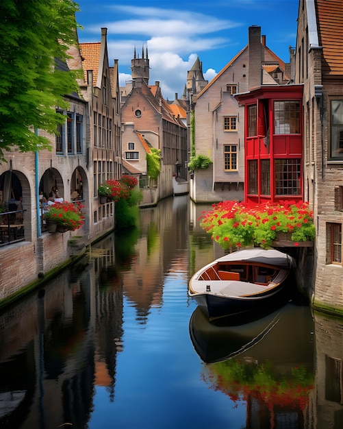 Foto viajes en barco por los canales europeos en la pintoresca puesta de sol