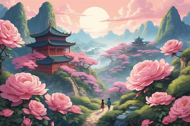 Viajes de ensueño en medio de las rosas de China Ilustración