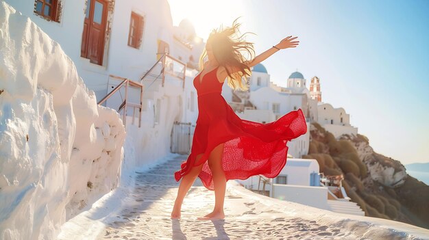 Foto viajes a europa vacaciones de verano divertido mujer bailando en libertad con los brazos en alto feliz en oia ia generativa