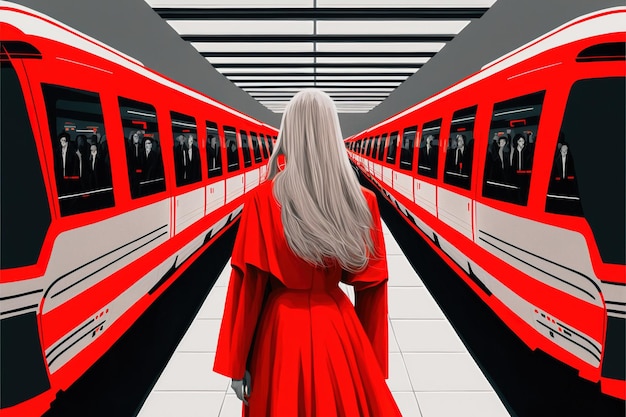 Viajes de ferrocarril abstracto creativo y transporte de turismo ferroviario concepto industrial rojo moderno tren de cercanías de pasajeros de alta velocidad pintura de ilustración de estilo de arte digital