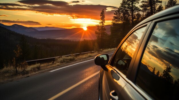 Viajes globales por las montañas Capturando los reflejos del atardecer en el exterior de su automóvil