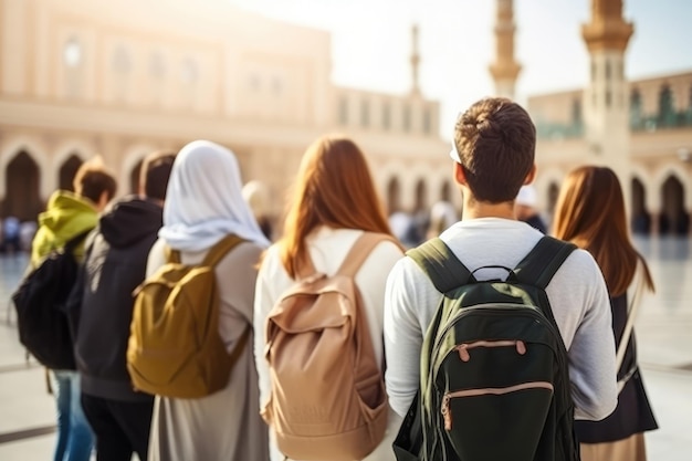 Foto viajes en grupo donde las personas aprenden sobre la cultura de cada lugar visitado foco selectivo