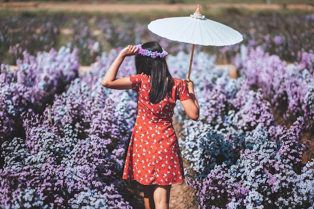 Foto viajes de invierno relajarse concepto de vacaciones, mujer asiática joven viajero feliz con vestido turismo en campo de flores margaret aster en jardín en chiang mai, tailandia