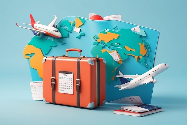 Viajes de ocio Viajes de vuelo Viajes de vacaciones Concepto de verano Calendario Horarios de citas Maleta con pasaporte Planificación de viajes de turismo Viaje mundial