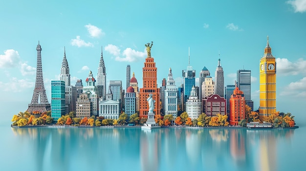 Viajes a los puntos de referencia del mundo en el fondo del cielo azul