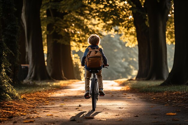 Viajes sostenibles Vista trasera de un niño en bicicleta Turismo sostenible y baja huella de carbono