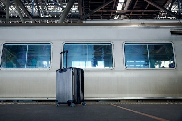 Viajes y transporte por concepto de tren. Maleta en la plataforma en la estación de tren