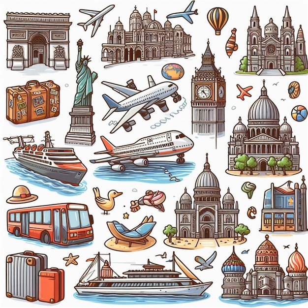 Viajes y vacaciones Ilustraciones de viajes en fondo blanco