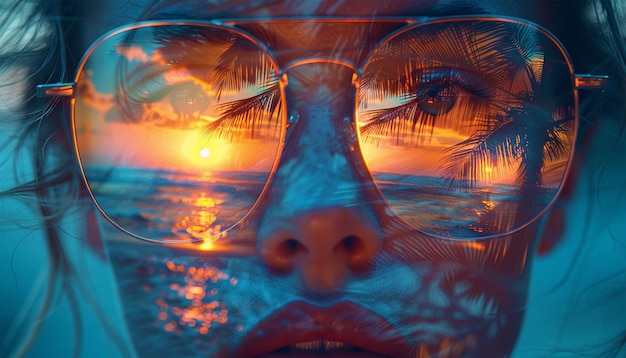 Foto viajes vacaciones de verano y conceptos de personas felices retrato de mujer feliz con gafas de sol con reflejo en la playa efecto de neón de diseño tropical video de belleza