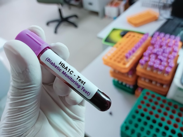 Vial de análisis de sangre HbA1C en la mano