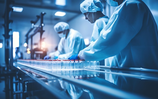 Foto viales médicos en la línea de producción de una fábrica farmacéutica