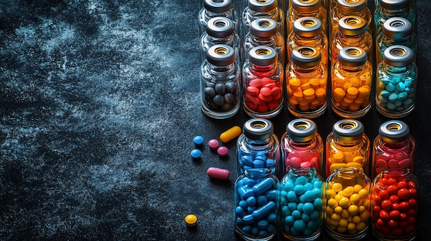 Viales y pastillas de medicina de colores sobre un fondo oscuro