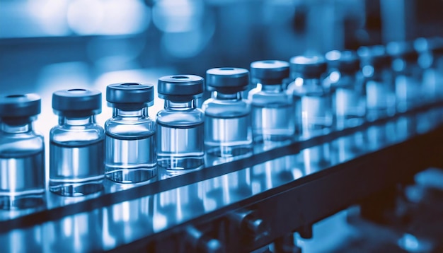 Viales de vidrio médico en la línea de producción Fábrica farmacéutica