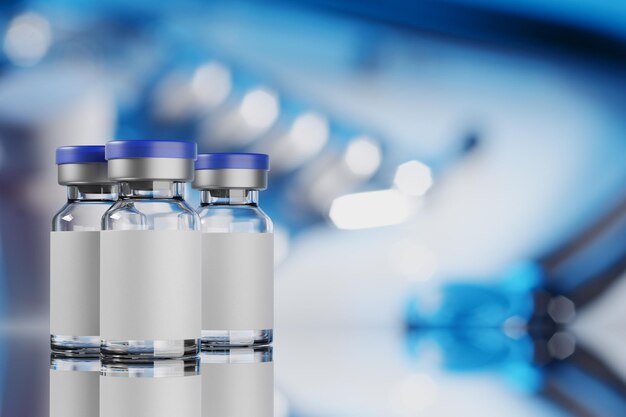 Viales de vidrio de vacuna con etiqueta en blanco sobre fondo azul ilustración de representación 3d