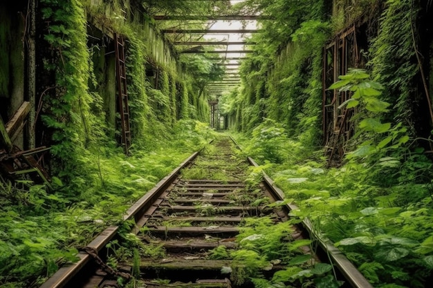 Vías de ferrocarril abandonadas cubiertas de vegetación creadas con ai generativo