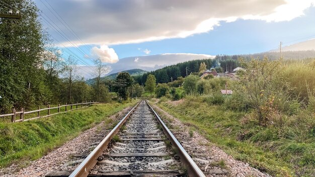 Vías de ferrocarril en el fondo del paisaje de la aldea.