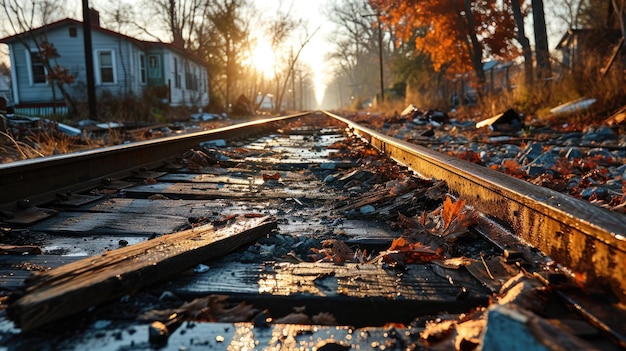 Las vías ferroviarias abandonadas en el otoño cerca de Sunset