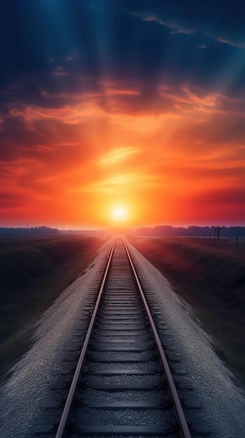 Vías de tren con un atardecer de fondo