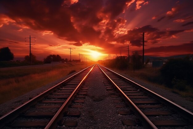 Vías de tren en un cielo rojo con la puesta de sol detrás de ellas