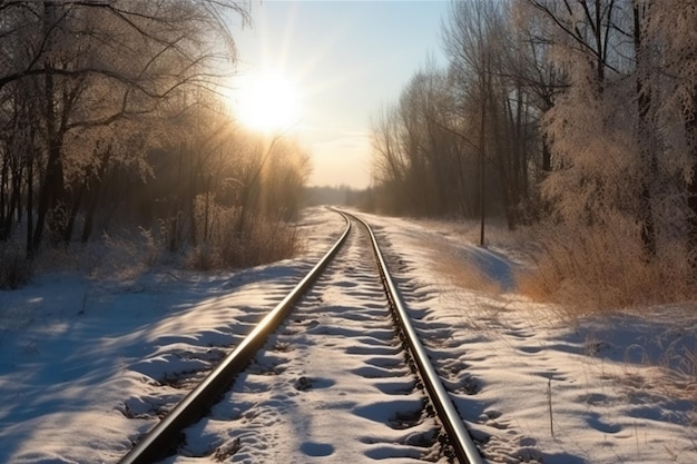 Vías de tren en la nieve