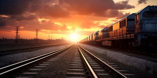 vías de tren con una puesta de sol en el fondo