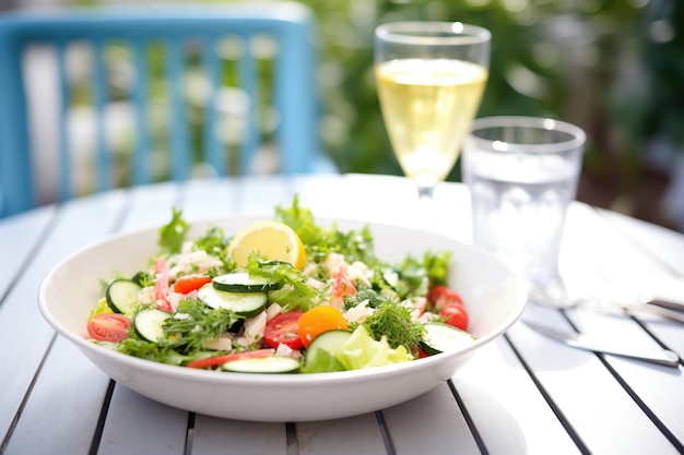 Vibe de verão salada grega gelada em uma mesa de pátio ensolarada