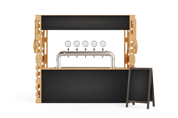 Foto vibe rústico invitando al bar de la calle configuración de cabina de cerveza de madera con grifos de metal y señalización en blanco rendering 3d