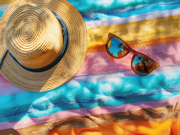 Vibes de verão Essentials de praia Um verão festivo Um chapéu de palha tecido e um par de sunglasses elegantes