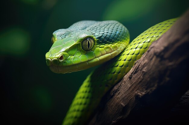 Víbora verde en una rama de árbol en el bosque tropical Un primer plano de una serpiente verde en una ramita de árbol con un fondo borroso Generado por IA