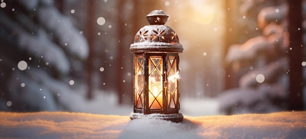 Vibraciones acogedoras de invierno Paisaje de nieve sereno con una encantadora linterna generada por IA