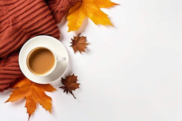 Vibraciones acogedoras de otoño suéter de punto hojas de café y velas sobre fondo blanco