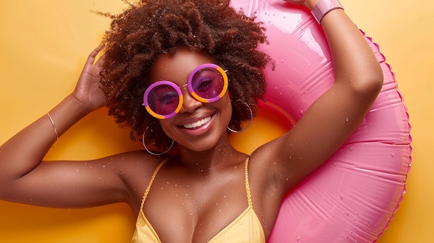 Vibraciones alegres de verano con colorido anillo de natación y elegantes gafas de sol