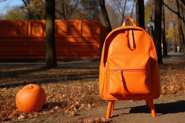 Foto las vibraciones de otoño con mochila naranja y calabaza