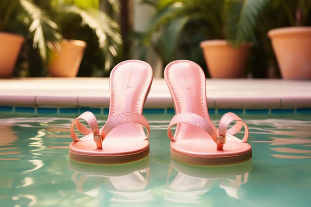 Foto vibraciones de vacaciones perfectas junto a la piscina con chanclas rosas