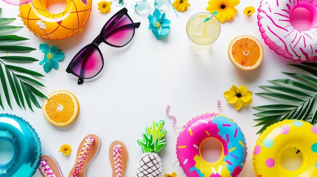 vibraciones de verano con composición lúdica de coloridos artículos de fiesta en la piscina