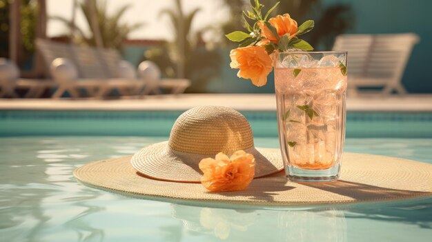 Las vibraciones del verano Una escena en la playa con una bebida refrescante y un sombrero de paja