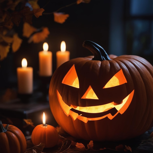 Vibrações brilhantes de Halloween Jacko'Lanterns e decorações de abóbora